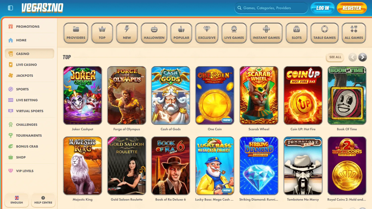 Vegasino Casino desktop game library with casino categories