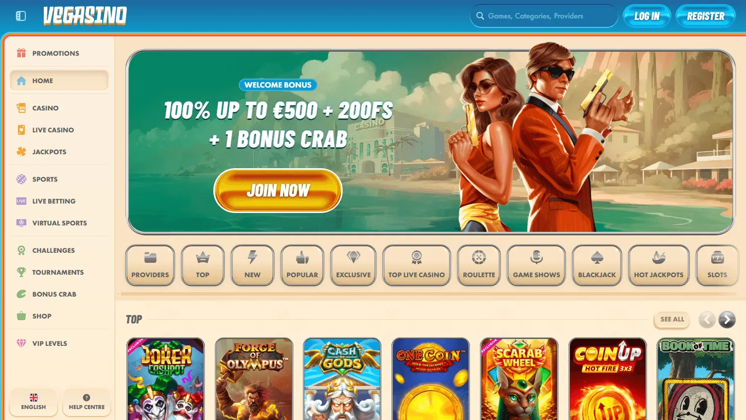 Vegasino Casino desktop homepage with the welcome offer