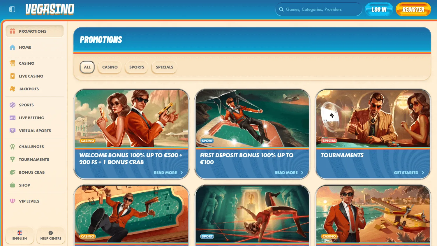 Vegasino Casino desktop promotions area with bonus and cashback offers