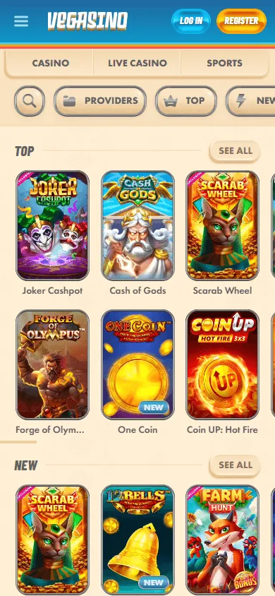 Vegasino Casino mobile browser game library on a phone