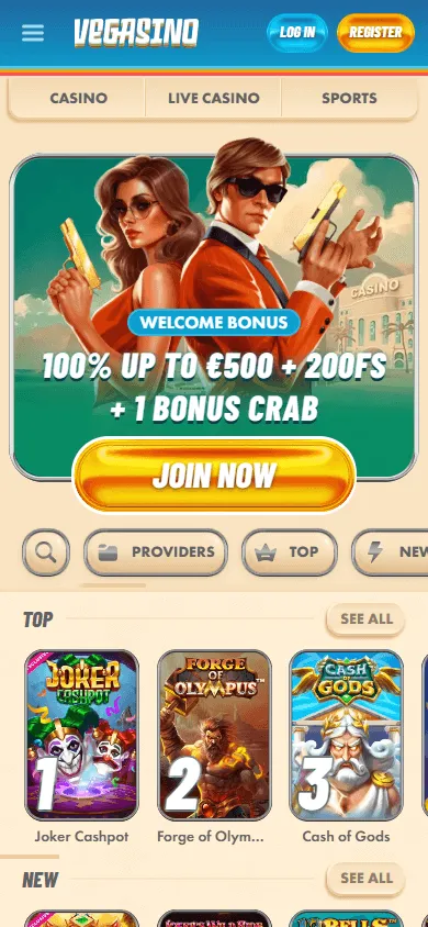 Vegasino Casino mobile browser homepage on a phone
