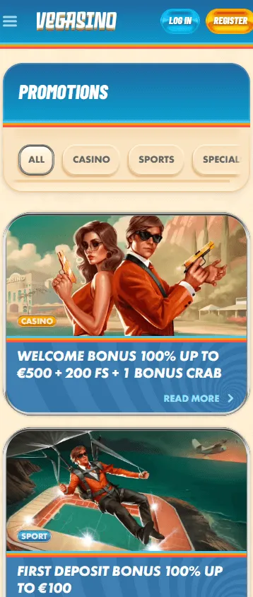 Vegasino Casino mobile browser promotions area on a phone